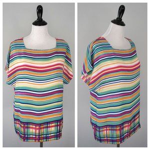New RACHEL ZOE Multicolor Striped Short Sleeve Blouse Top Size Large Nwt